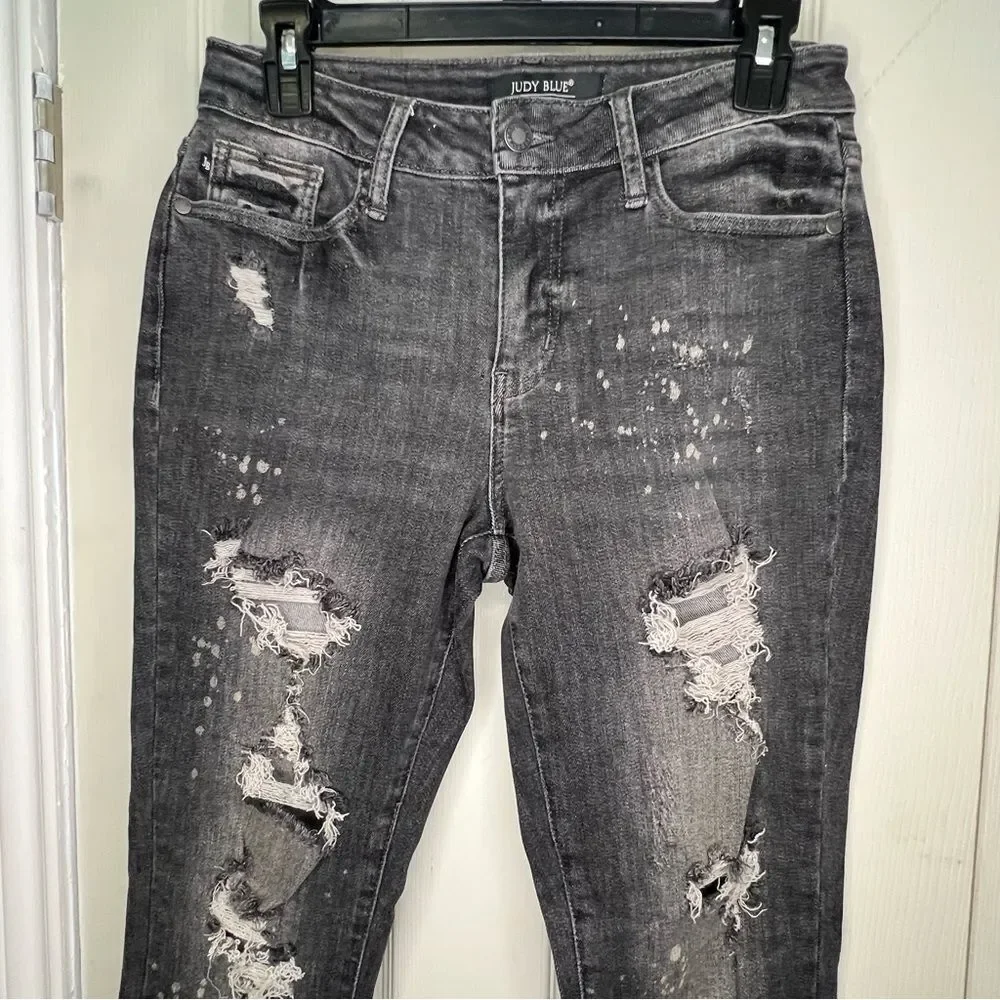 Judy Blue Boyfriend Fit Light BlackWash Distressed Paint Speckle Jeans Sz 5/27 - Picture 4 of 12
